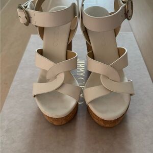 Jimmy Choo White Platform Sandals with Cork Heel